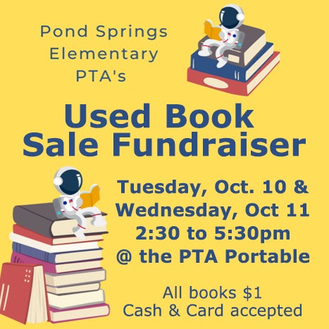 Great way to donate to a worthy cause while getting a good read - come to the #UsedBookSaleFundraiser at Pond Springs Elementary! 📚 #BooksAreFun #SupportEducation #BooksToLove 🥳

To learn more, check out their site: sites.google.com/pse-pta.org/ps…