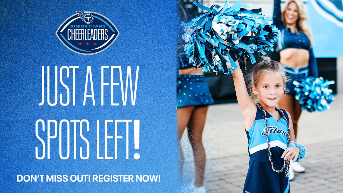 Titans Cheerleaders (@titanscheers) on Twitter photo We have just a few spots left for our 2023 Junior <a href="/Titans/">Tennessee Titans</a> Cheerleading Program!
tennesseetitans.com/cheerleaders/j…
Register now before we sell out! We can't wait to see you! We have just a few spots left for our 2023 Junior <a href="/Titans/">Tennessee Titans</a> Cheerleading Program!
tennesseetitans.com/cheerleaders/j…
Register now before we sell out! We can't wait to see you!