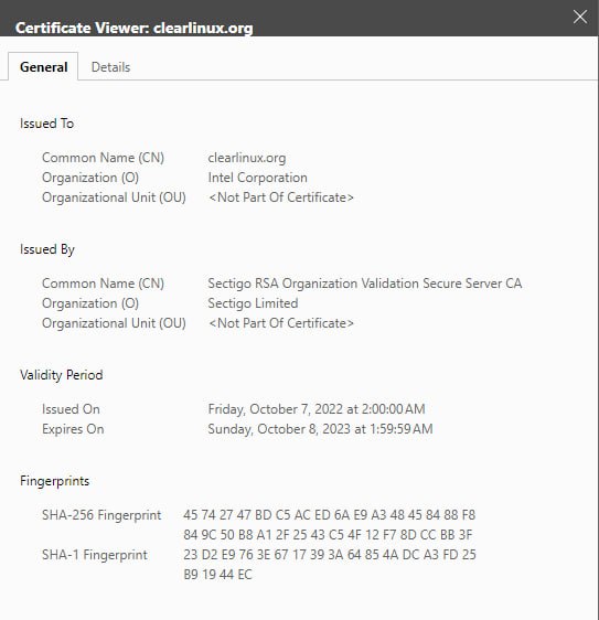 SebKasprzyca's tweet photo. @clearlinux Hey, any chance to update the expired certificate for the https://t.co/0U6AGdGQak website? 😅 https://t.co/d8Uy8oDy1q