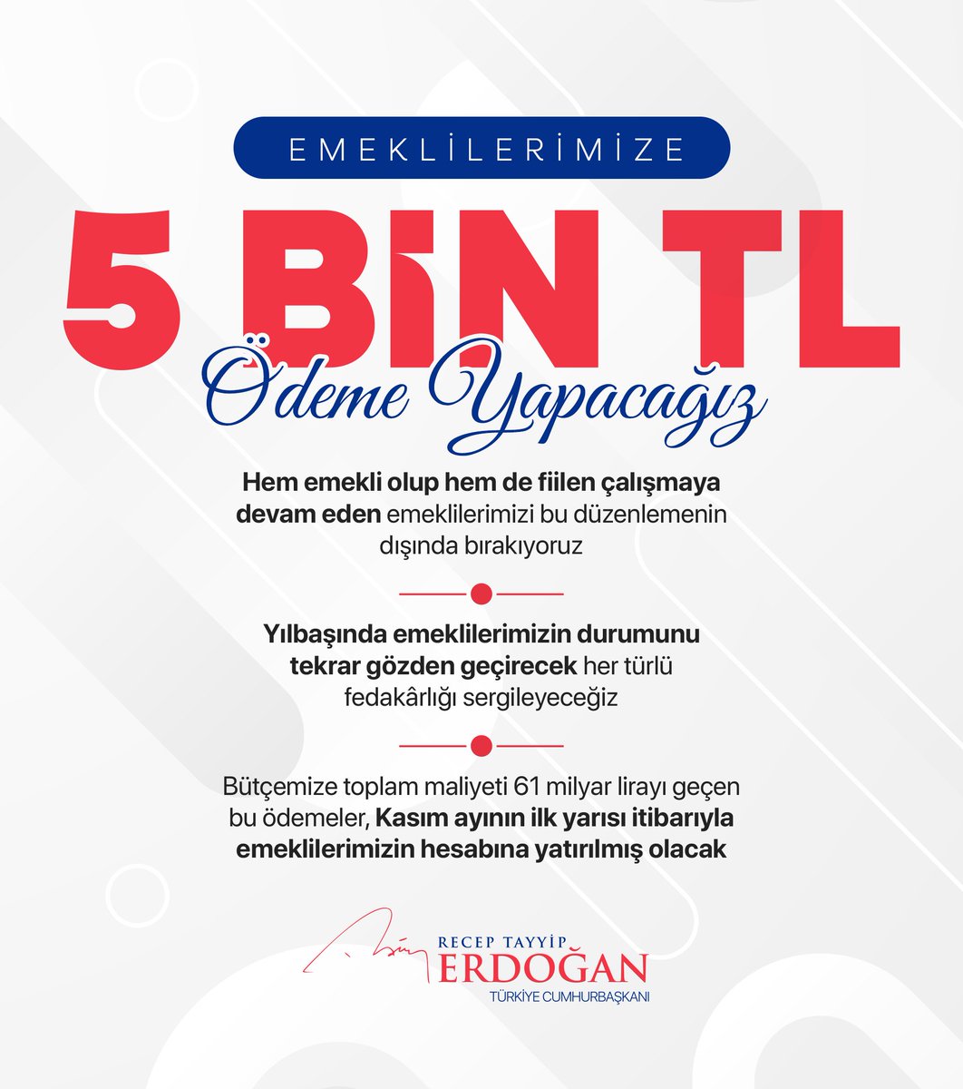 Emeklilerimize bir defaya mahsus olmak üzere 5 bin Türk lirası ödeme yapmayı kararlaştırdık. 
 
Yılbaşında emeklilerimizin durumunu tekrar gözden geçirecek, inşallah o zaman da her türlü fedakârlığı sergileyeceğiz.
