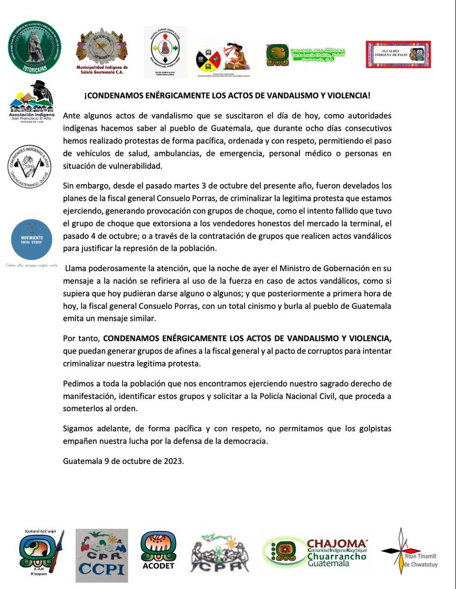 48_CantonesToto's tweet image. INFORMACIÓN IMPORTANTE 📣

Los 48 Cantones de Totonicapán y los Pueblos Indígenas de Guatemala, damos a conocer lo siguiente. 

#48Cantones 
#ParoNacional2023