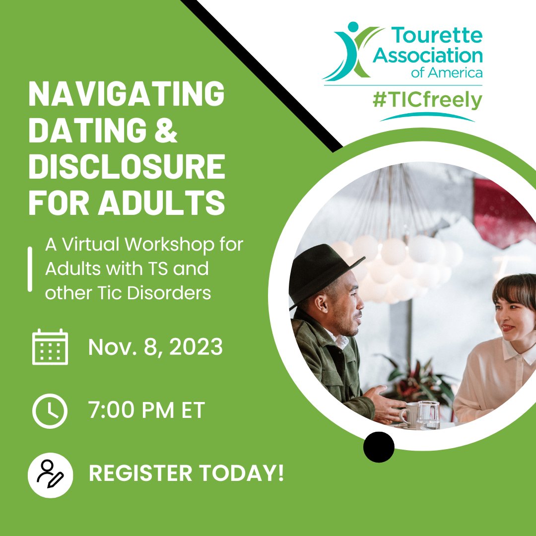 TouretteAssn's tweet photo. Join us on 11/8 @ at 7pm ET, to learn helpful insights about dating with a disability, and more. This discussion will be led by Alexa &amp; Jacqueline, co-founders of the Dateability app, and three members of the TAA staff who have TS.
📝Register now: https://t.co/3vo27Ctv6W https://t.co/dWLoyyVhDP