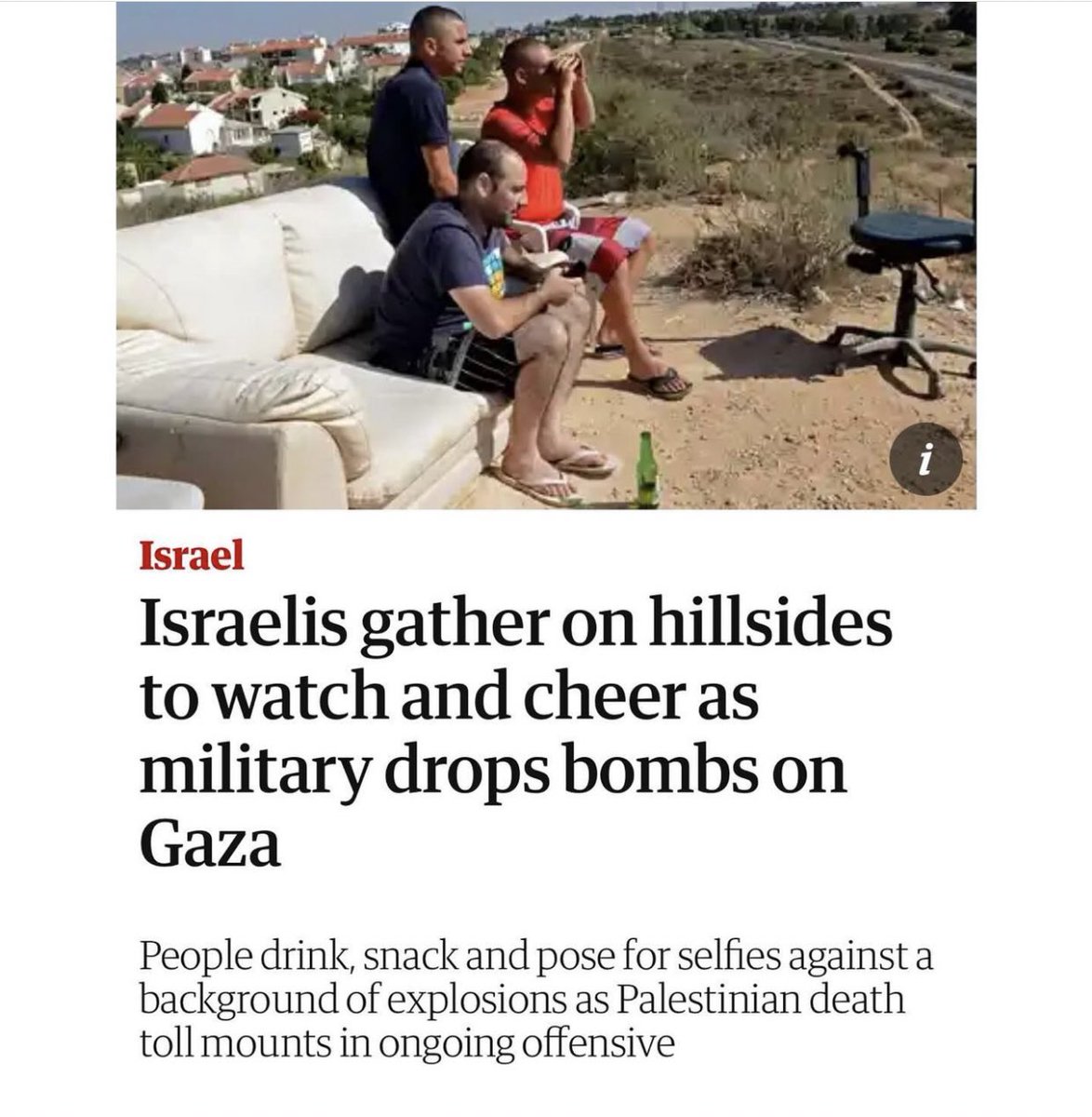 LaithAbuJoda's tweet photo. Innocent #Israelis watching bombs drop on #Gaza kids , on the #Palestinian families …

Yes sooo innocent … 

#FreePalastine 
#IsraelPalestineWar https://t.co/znqMnaCMGS
