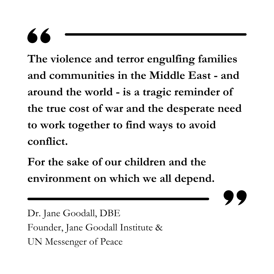 A message from Dr. Goodall on the vital importance of peace and ending conflict in the Middle East and around the world.