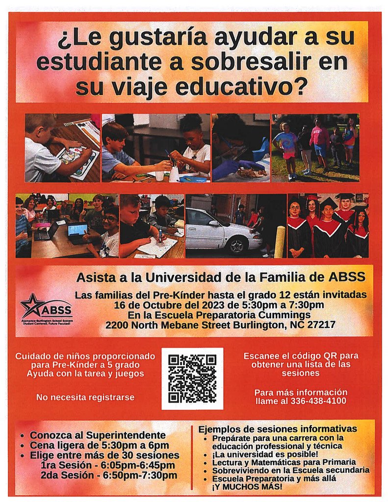 ABSS is having another Family University night at Cummings High School on October 16 from 5:30-7:30. See the attached flyer for more information.