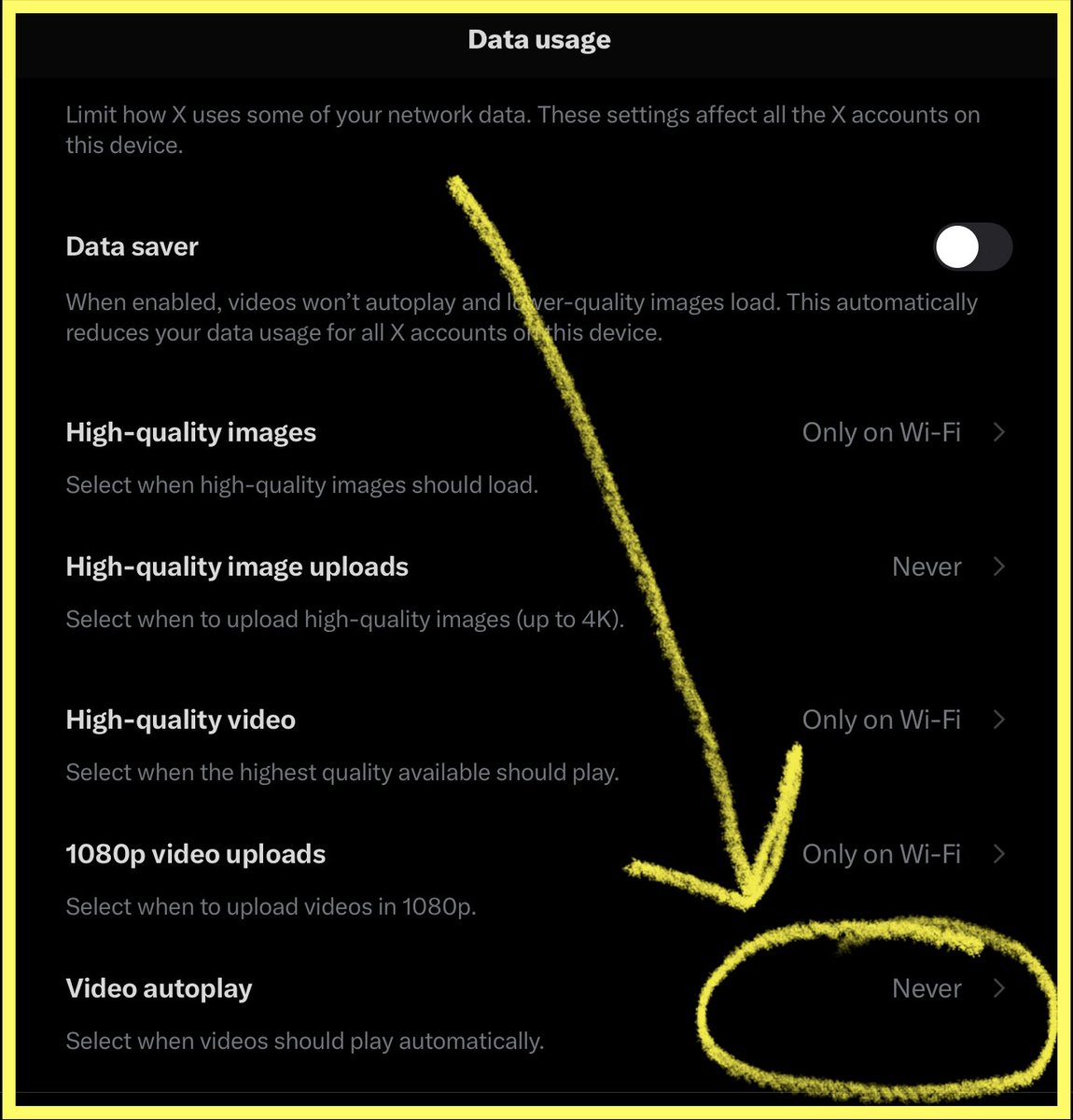 kristenmag's tweet image. Here’s how to temporarily disable video autoplay.👇

Go to Settings/Accessibility, display and language/Data usage.

Select “Never” for autoplay. Can be reversed later if you’d like.