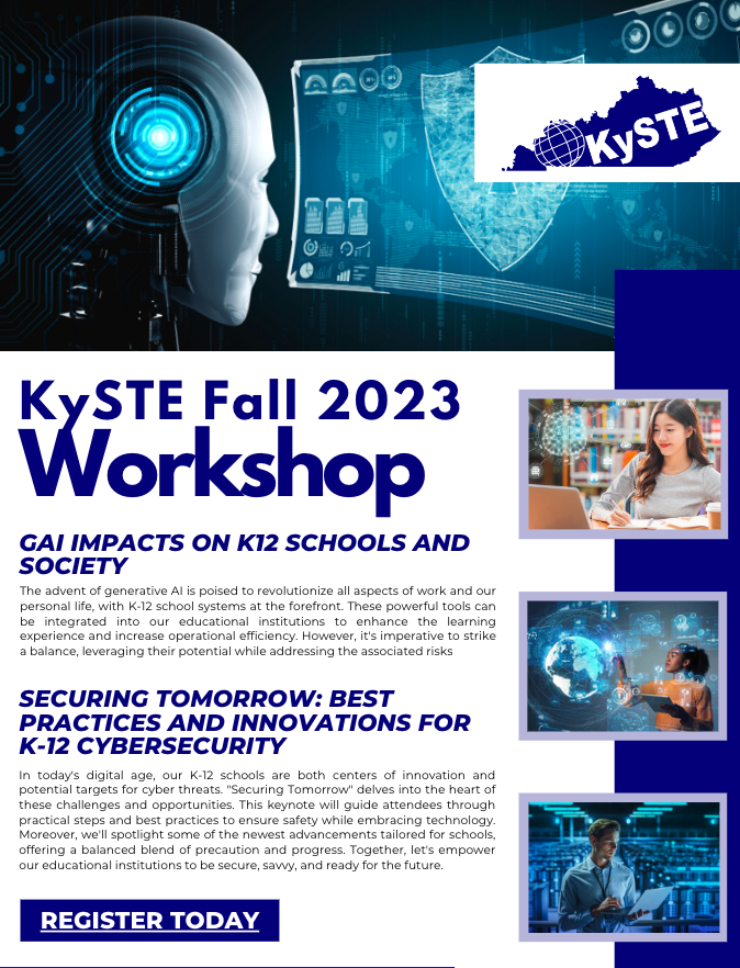 kastk12's tweet image. KySTE Space Camp: Blast Off to the Future!: Generative AI and Cybersecurity Workshop
Date: Friday, November 10, 2023
Location: Central Bank Center, Lexington, KY
Registration: bit.ly/kystefallworks…
#KyDLC #KyEdTech #KySTE24 #AI #CyberSecurity #KyTeachers
