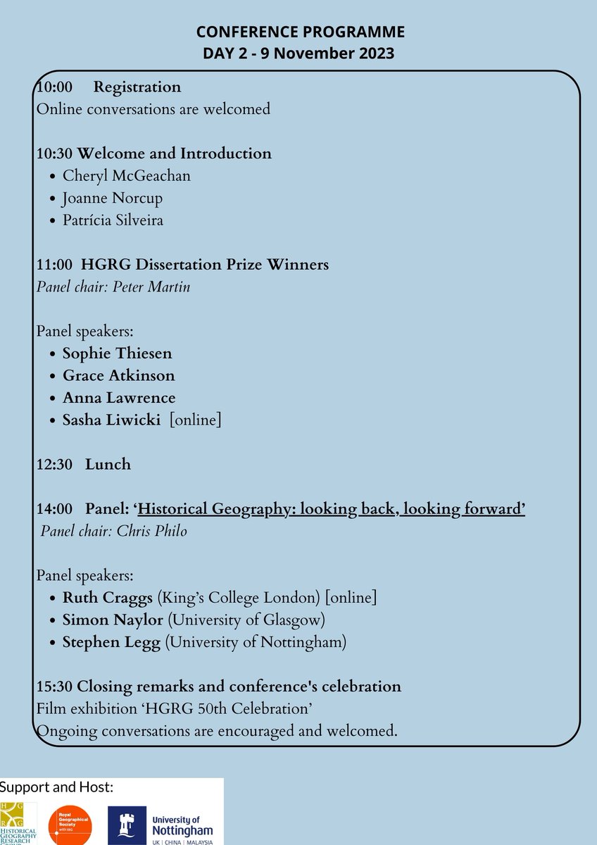 In 2023 the HGRG celebrates 50 years, and we will be hosting our celebration in conjunction with this year ‘Practising Historical Geography’ event. PHG takes place at the University of Nottingham on the 8th-9th November 2023. 

Registration: eventbrite.com/e/practising-h…