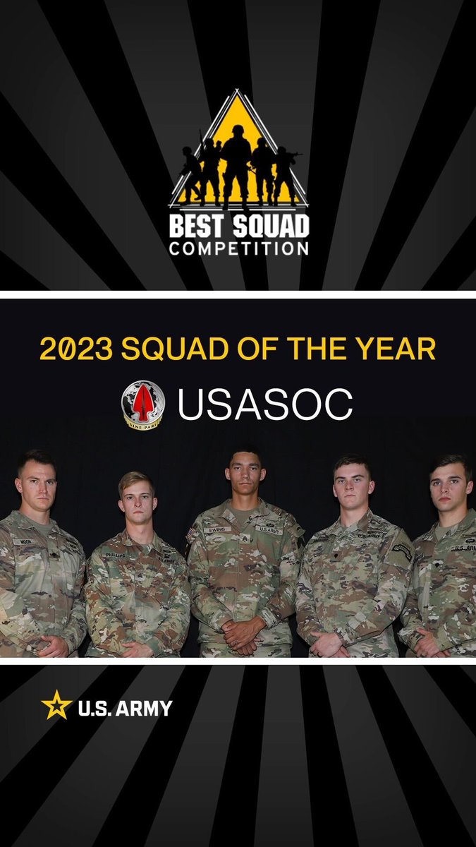 USArmy's tweet photo. #BreakingNews

@USASOCNews wins the 2023 U.S. Army Best Squad Competition!

#BeAllYouCanBe #ArmyBestSquad #AUSA2023 https://t.co/6VjqklWcQk