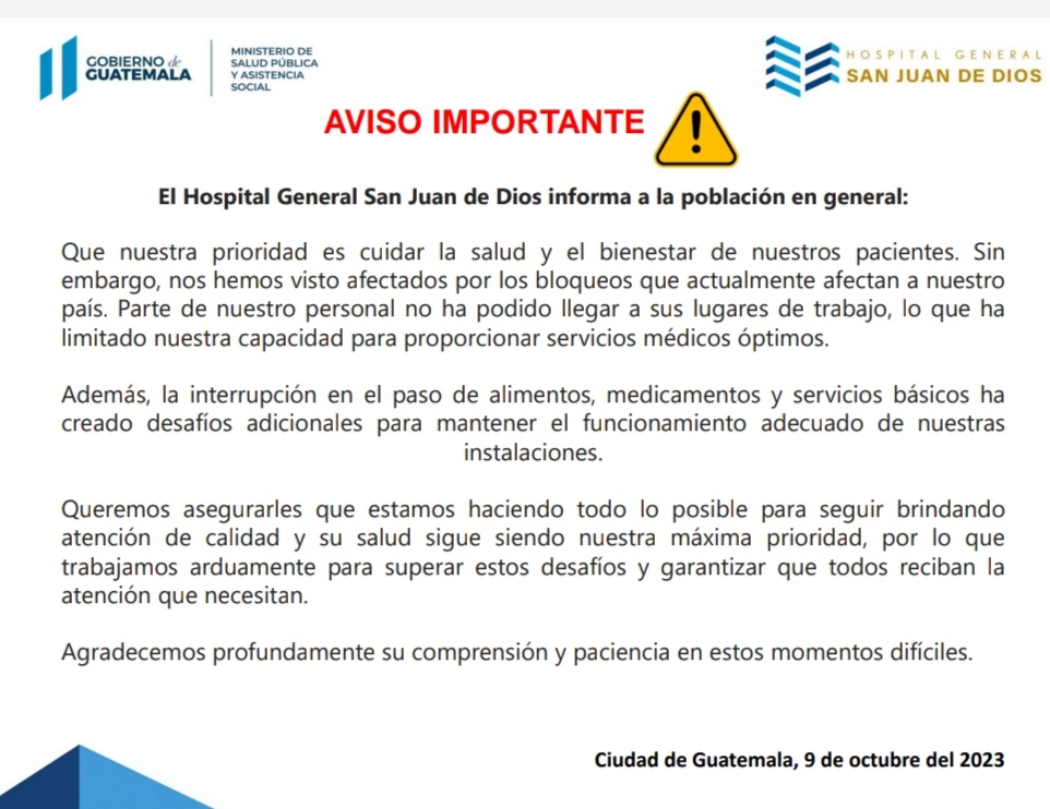 EmisorasUnidas's tweet photo. #AHORA En un comunicado, el Hospital San Juan de Dios afirma que su personal se ha visto afectado por los bloqueos al no poder llegar a sus lugares de trabajo, lo que ha limitado su capacidad para proporcionar servicios óptimos. Añade que se encuentran haciendo "todo lo posible para seguir brindando atención de calidad" y que la salud de la población "sigue siendo su máxima prioridad" | Vía Fabiola Toledo