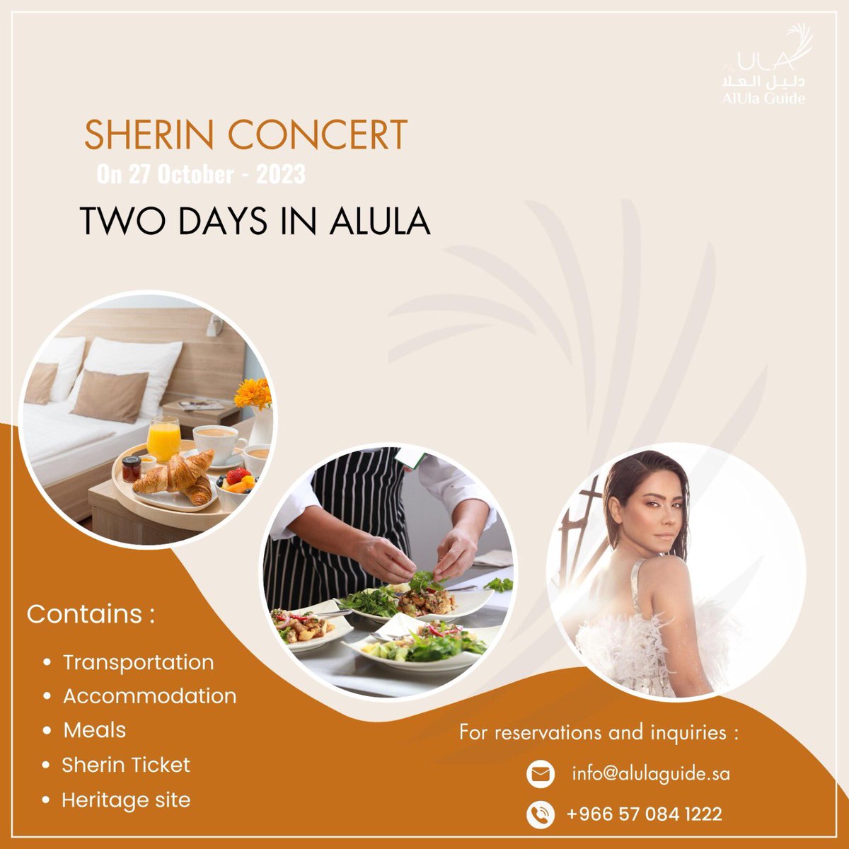 alulaguide's tweet photo. We prepared your package with the itinerary from arrival till the departure to attend The amazing SHERIN concert. For more details contact us #AlUlaGuide https://t.co/B7mEi6g0eo