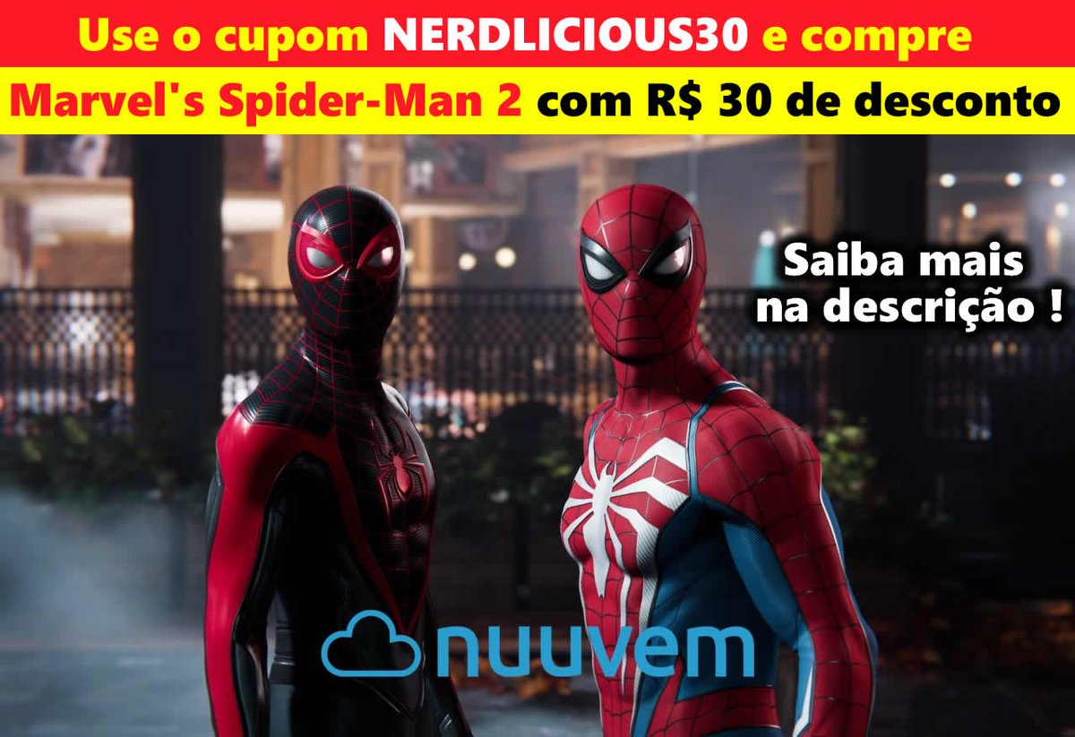 Eu sei que você está ansioso pelo lançamento de Marvel's Spider-Man 2 né? 

O jogo será lançado no próximo dia 20 de outubro, mas você já pode ir reservando ele pro seu PS5 e COM DESCONTO !!! \O/

A <a href="/nuuvem/">Nuuvem.com</a> é uma mãezona e disponibilizou para nós um cupom de R$ 30 de desconto!