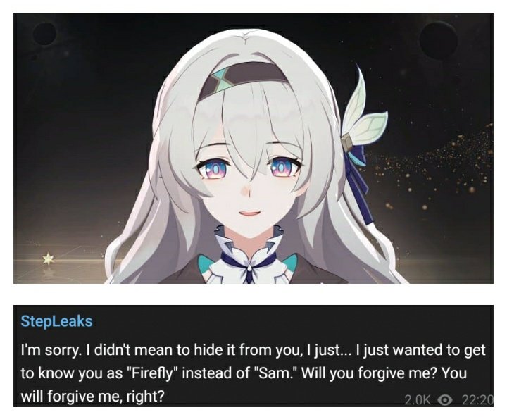 💫파이어 플라이 대사중 일부 

미안해. 숨기려 한 건 아니야, 난 그저... 그저 "Sam"이 아닌 "Firefly"로서 널 알아가고 싶었어. 용서해줄래? 용서해줄 거지?