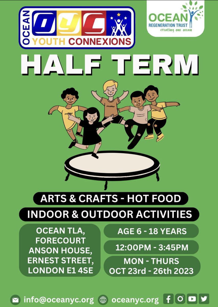 Join us this October half term with a week full of fun, action, excitement play activities to keep your mind active, your body engaged and your soul happy. @THHCommunity @OceanRegenTrust @TowerHamletsNow @THH_ASBTEAM @LocalVillageNet @LQHomesMatter