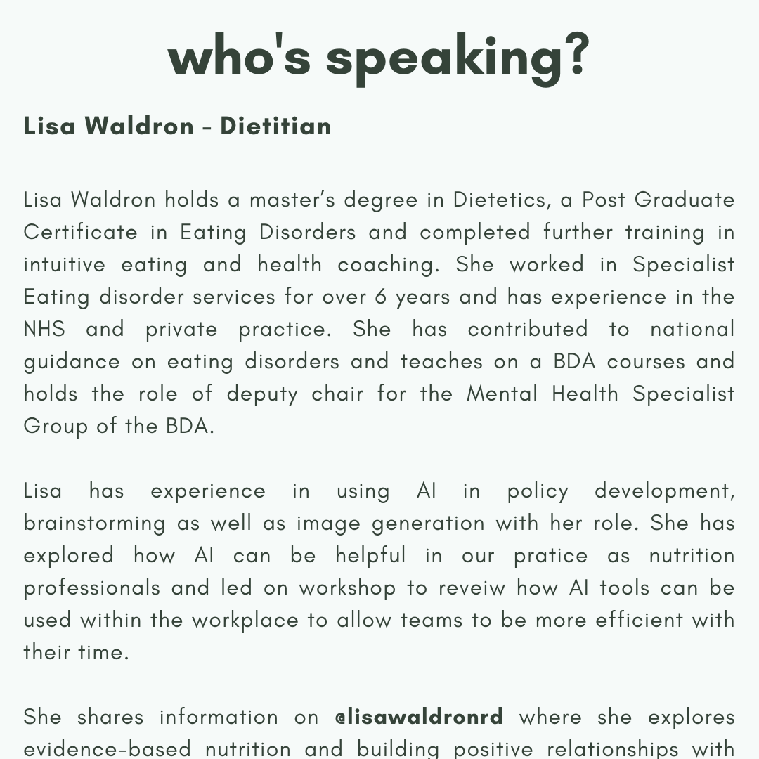 Calling all nutrition professionals and MDT members! Interested in AI and its applications in nutrition in eating disorders? Join our webinar online on October 18th, 2023, 7:30. Learn how AI can enhance your practice, save time, and stay safe  #Nutrition #AI #webinar