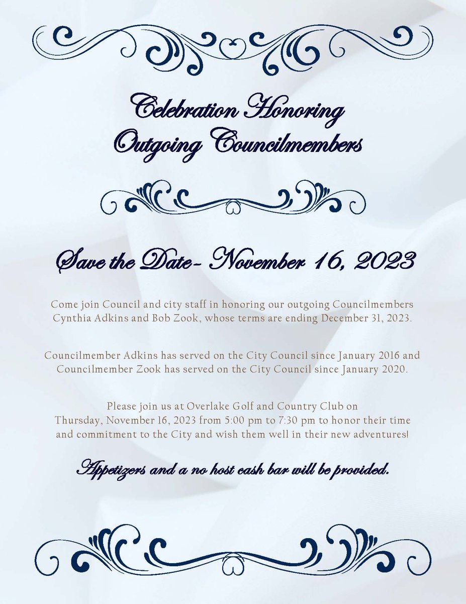 MedinaWAgov's tweet photo. Please join us on Thursday, November 16, 2023 at Overlake Golf and Country Club to honor our outgoing Councilmembers! https://t.co/p7wMMno0SL