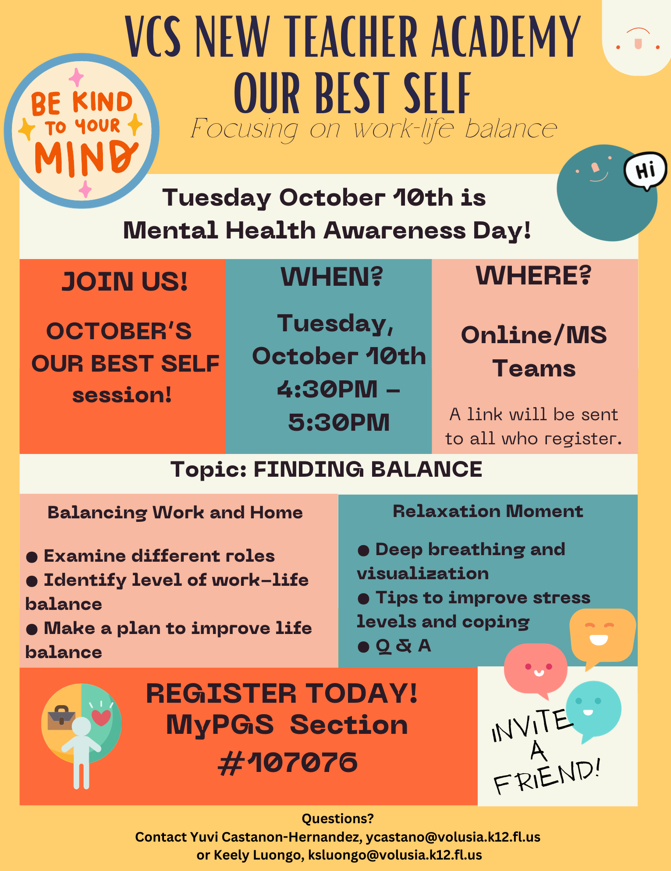 Tomorrow is #MentalHealthAwareness day. All @VCSNewTeachers grab a colleague and join the first #NTAOurBestSelf virtual wellness event - Finding Balance! #WorkLifeBalance REGISTER in MyPGS. @volusiaschools @VolusiaLEADS @VolusiaRecruits @VCSWellness