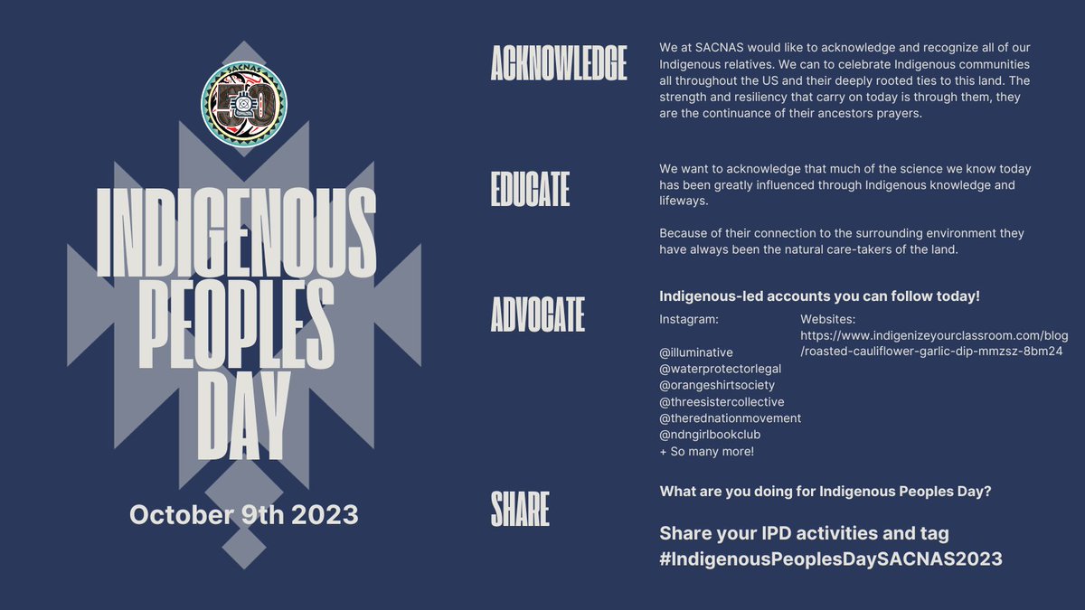 SACNAS's tweet photo. October 9th is #IndigenousPeoplesDay

SACNAS acknowledges #IPD with deep reflection and intent, and we are dedicated to supporting Native programming along with work of the Native American/Indigenous Affairs Advisory Committee. https://t.co/xwBmtNLz8y