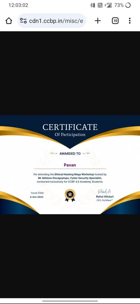 PavanMachiraju1's tweet photo. I would like to extend my greetings to everyone.
I have attached my certificate of completion of the Ethical Hacking MegaWoks Shop.@rahulattuluri @nxtwave_tech 
#ccbp https://t.co/alLgYHmsjD