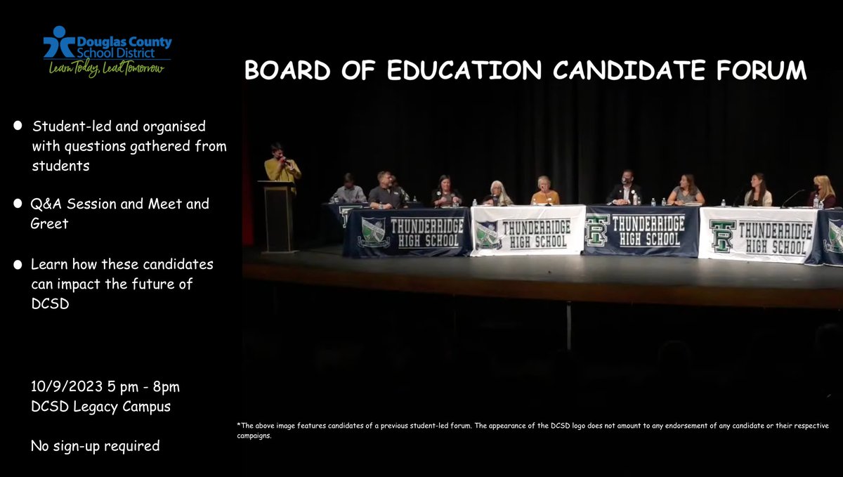 dcsdk12's tweet image. The @DCSDK12 Student Advisory Group invites you to a student-led and organized Board of Education Candidate Forum TONIGHT (10/9) from 5-8pm at the DCSD Legacy Campus.