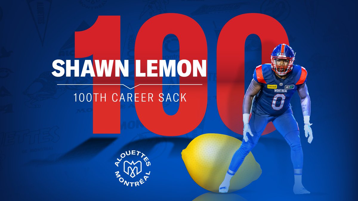 MTLAlouettes's tweet photo. Congratulations to @SLemonator on becoming the 13th player in CFL history to hit the 100-sack mark!

Mr. 1🍋🍋

#Alouettes https://t.co/1vsy2iI4sx