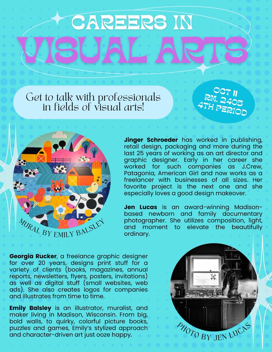 Students! Interested in a career in visual arts? Come to our Art Career Panel - October 11th, room 2405, during 4th period.