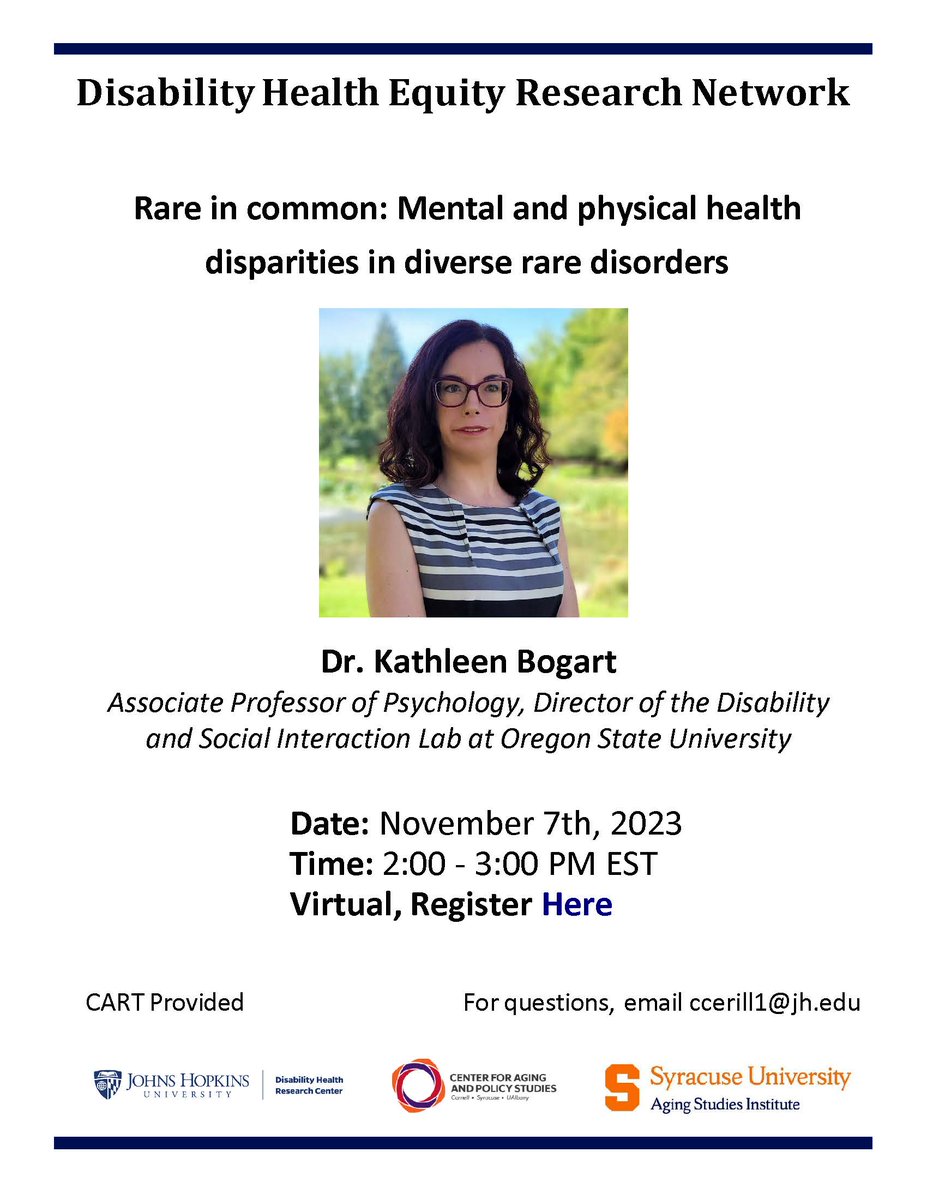 Register now for our November 7th meeting (2-3pm ET) featuring @kathleen_bogart! We are so excited for her talk, 'Rare in common: Mental and physical health disparities in diverse rare disorders'! syracuseuniversity.zoom.us/meeting/regist…