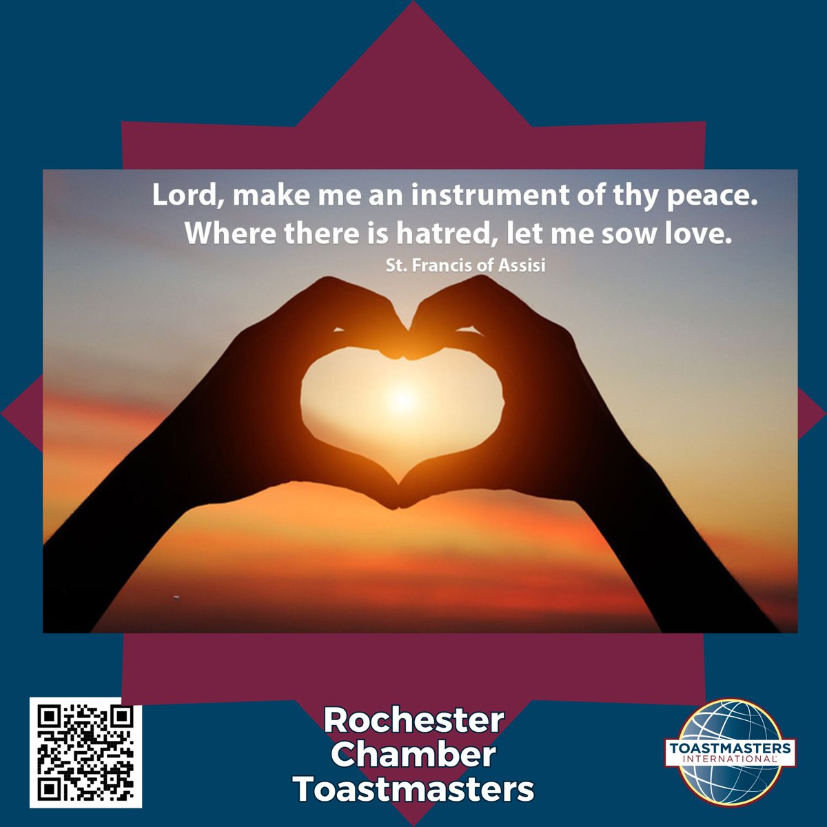 ChamberTmasters's tweet photo. Monday Motivational - Wishing for any kind of peace in the Middle East #Toastmasters #d6tm #rochmn #RocHMN #publicspeaking #mentorship #dmcmn #neighborshare #neighborstory #neighbors #war #peace #MiddleEast https://t.co/OjLS1hJr68