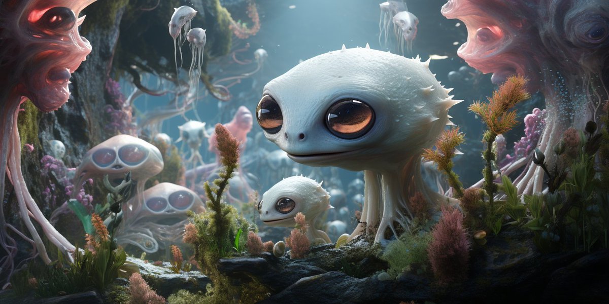 SciFi2Go's tweet photo. Meet the Xylorians: enigmatic #Aliens from a cloud-shrouded world, masters of swampy realms. They're curious, cooperative, and quite wonderful. But, they're not carbon based. Cute, but toxic. 🌌🪐🌊 #Xylorians #InterstellarExploration #AlienLife #scifiart #scifi #sciencefiction https://t.co/40yzh2l3XP