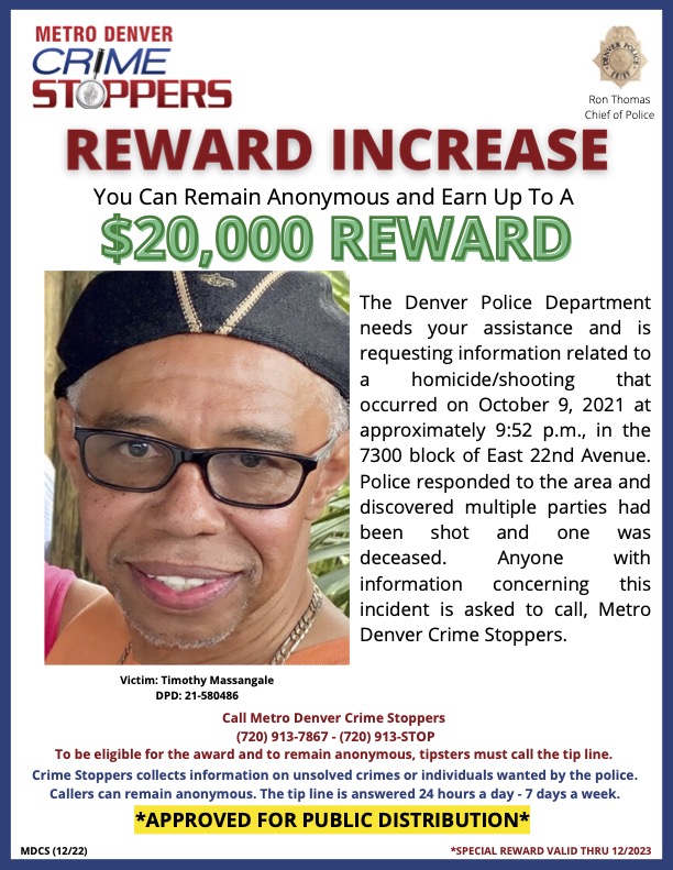 CrimeStoppersCO's tweet photo. 2 years ago today, Timothy Massangale was gun downed & killed in #Denver. Help @DenverPolice bring #JusticeforTimothyMassangale and make #DenverSafer #CrimeStoppers #MDCS #StopCrimeCO #StopCOCrime https://t.co/ecZ1Yluhzo