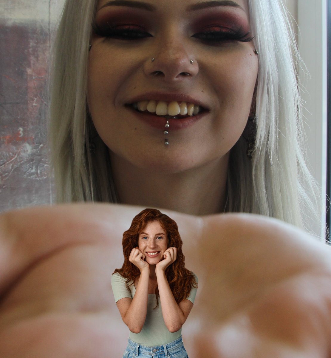 "Isnt this great?  We're so small!  Don't you just love the feeling of being held like this?  The heat coming up through her palm and warming you up inside and out?  I just love my new life as Jade's pet.  And after a week or so, you will too!"

#Giantess #shrinking #SizeTwitter