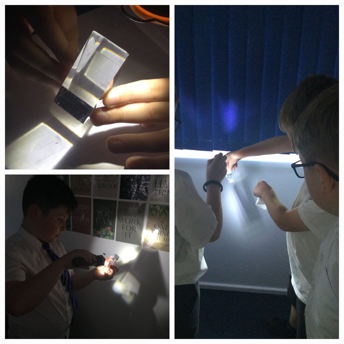 Year 6 have been busy in science learning about light sources, shadows and reflection. 💡🔦Today, they refracted light with a prism and created a colour wheel spinner to see that white light is made up of the colours of the rainbow - the visible spectrum! 🌈
