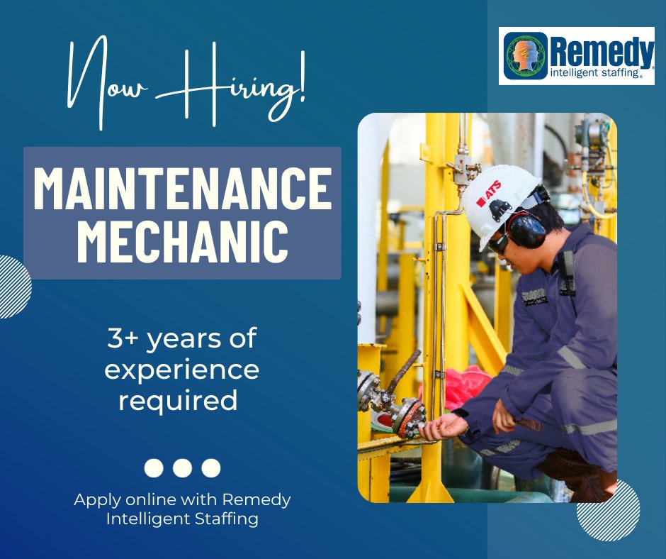 Remedy is looking for a qualified candidate that has 3 or more years of experience!💸

If this applies to you, apply online with Remedy Intelligent Staffing.

If you know someone this applies to, share this post with them.

#NowHiring #MaintenanceMechanic #Mechanic...