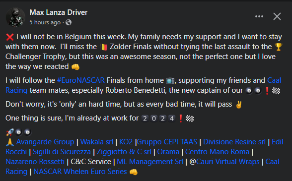 worldofnwes's tweet photo. 📣 BREAKING NEWS 📣

@maxxlanzadriver will miss the 2023 @EuroNASCAR season finale at @CircuitZolder!

The Italian revealed that he has to be staying home after a sudden family emergency.

#EuroNASCAR #NASCAR #NASCARGPBEL https://t.co/zA3AOLdhFw