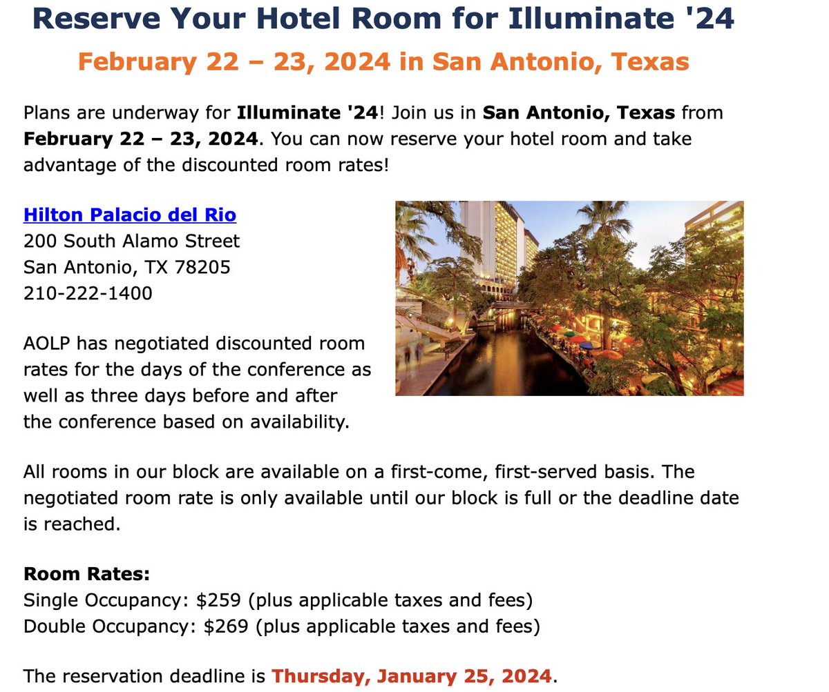 Registration for <a href="/AOLP/">AOLP</a> 's 2024 Illuminate annual conference &amp; expo is now open! This year’s conference will be held February 22nd-23rd, 2024 in San Antonio, Texas!

Link to register: book.passkey.com/event/50663755…