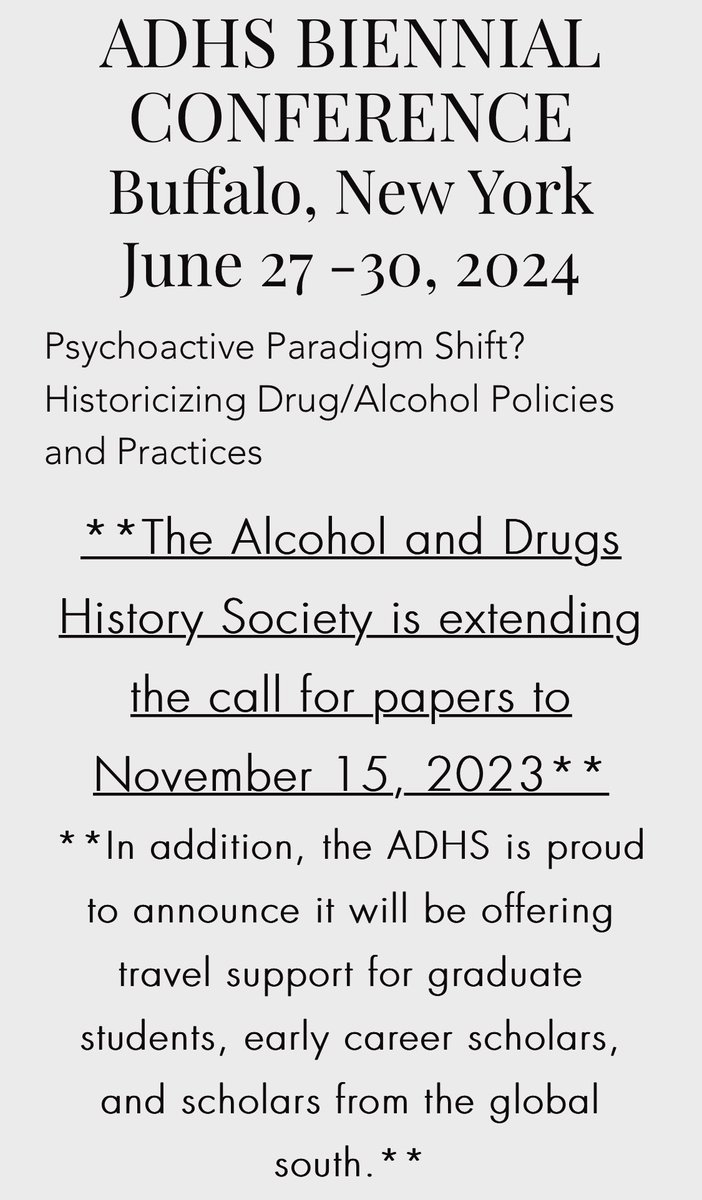 🔊La Société d’histoire de l’alcool et des drogues (@drughistory) organise un colloque aux USA en Juin. Des financements sont disponibles pour les doctorant·es, les jeunes chercheurs et chercheuses ainsi que les universitaires des pays du Sud. Envoyez nous vous propositions ‼️