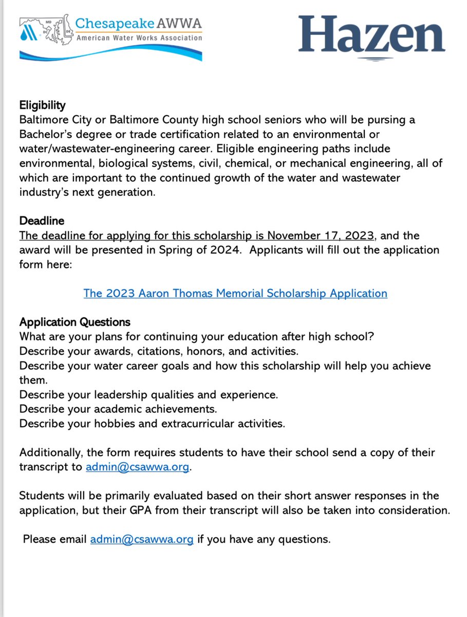 Chesapeake AWWA
American Water Works Association
Hazen
The 2023 Aaron Thomas Memorial Scholarship