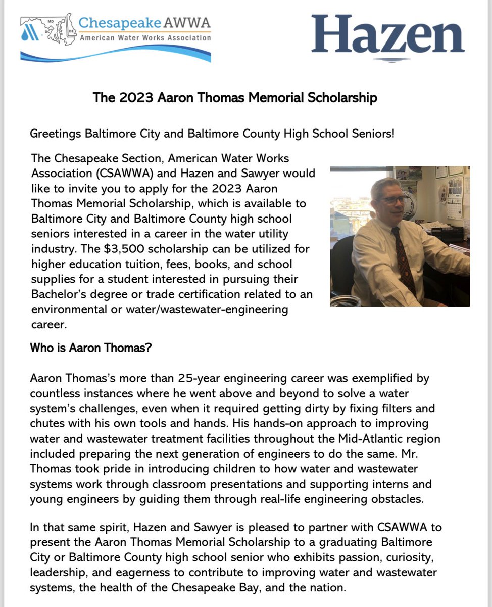 delegatepasteur's tweet image. Chesapeake AWWA
American Water Works Association
Hazen
The 2023 Aaron Thomas Memorial Scholarship