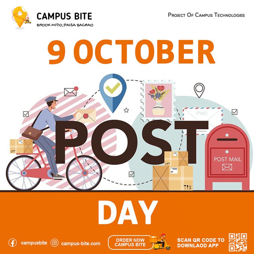 CampusBite's tweet photo. 9 October World Post Day
Salaam to All Postman who delivers our important letters, Datesheets , posts on time.
#FoodDelivery #StudentLife #CampusEats #FoodApp #HungryStudents #LateNightMunchies #CollegeLife #AffordableEats #FoodForStudents #DownloadNow #CampusFoodie #TastyTreats https://t.co/gxBk91J4ym