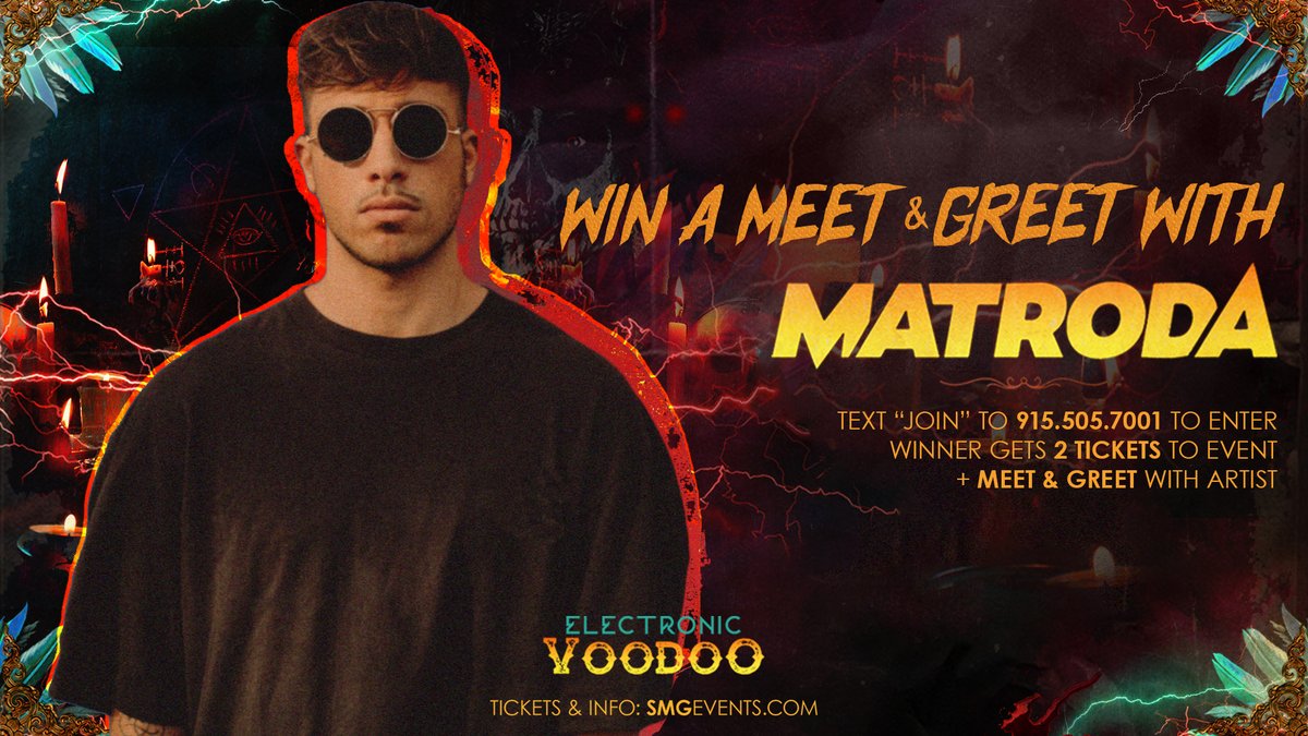 Here’s your chance to score tickets to ⚡#ElectronicVoodoo Halloween Massive🎃 + Meet & Greet 🤝 • Text “JOIN” to 915.505.7001 to be entered. Winner will be messaged days prior to event with details. Tickets & Info: SMGEvents.com