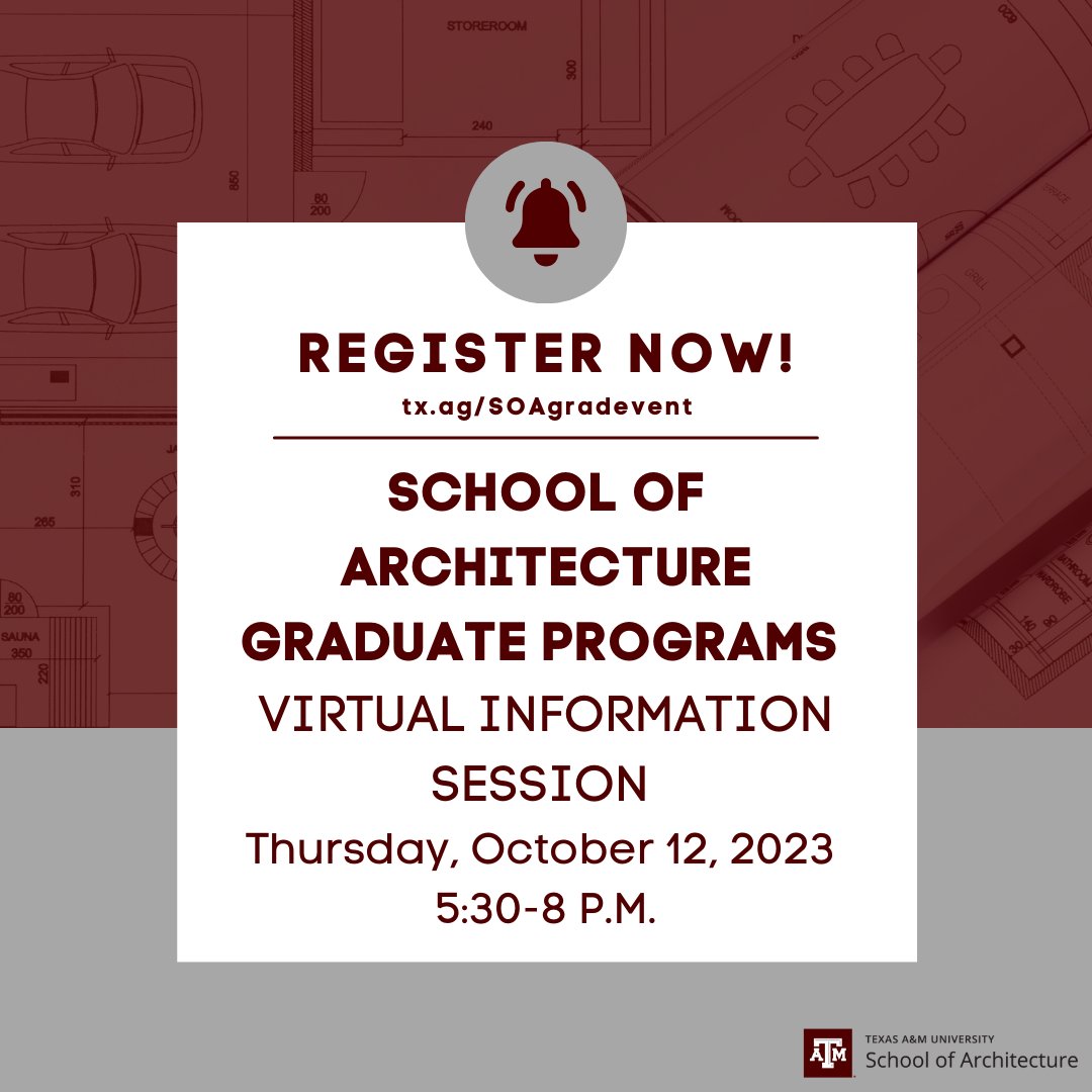 Are you interested in pursuing a graduate degree? Learn about all the amazing programs offered at the School of Architecture at a virtual event 5:30-8 p.m. this Thursday, Oct. 12. @tamucosc @tamuarch @tamuarchschool @tamugradschool #tamu#graduatedegree