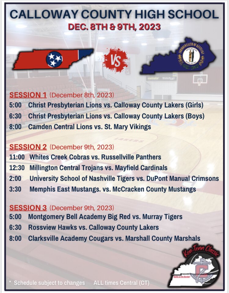 The 3rd Annual Ken-Tenn Classic will be held on Dec 8th and 9th, 2023 at Calloway Co HS. This year’s lineup is looking impressive! Several top schools in our area and players looking to play at the next level! Session 2 is Saturday afternoon <a href="/CallowayBoysBB/">Calloway Co. Boys BB</a> <a href="/callowaycogirls/">Calloway Co Girls Basketball</a>