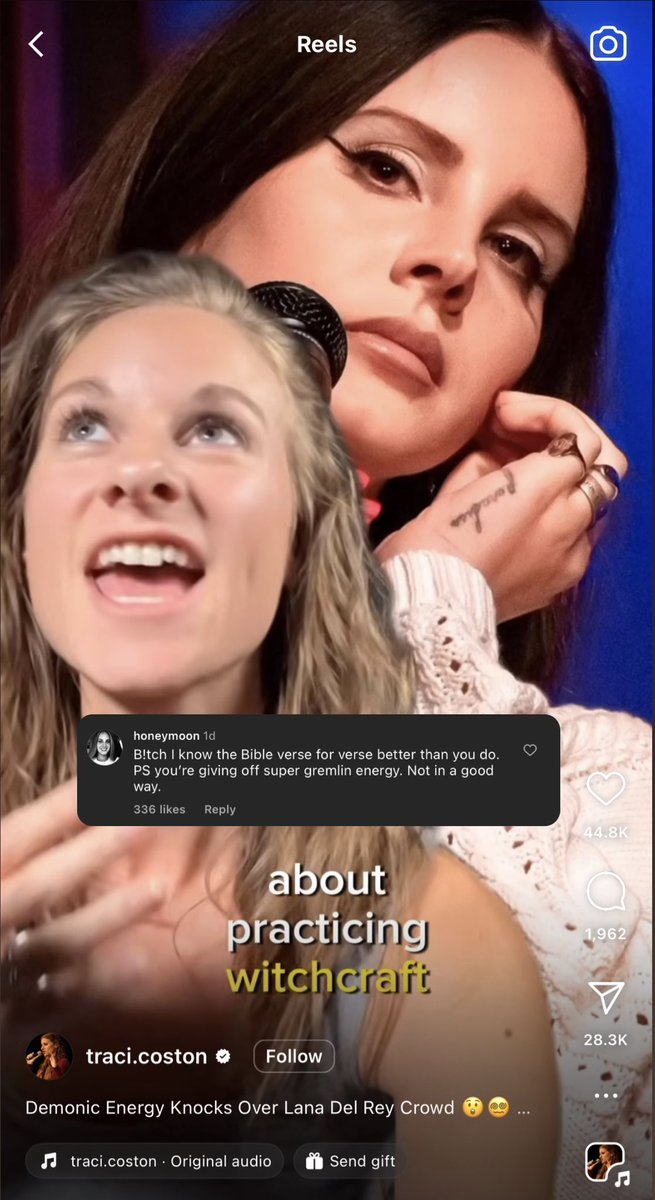 LanaDReyOnline's tweet photo. Lana Del Rey leaves a comment responding to an Instagram Reel that suggested she used witchcraft at one of her recent shows. https://t.co/Teh3T3TvuR