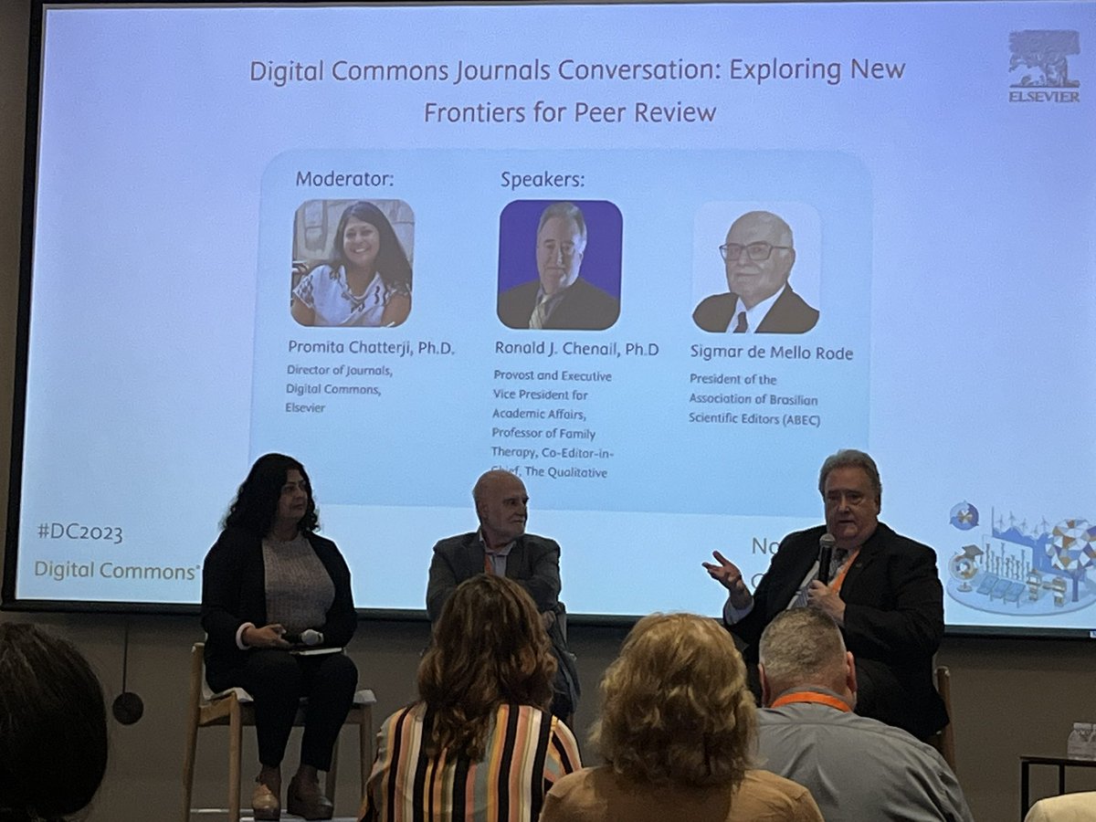 emilysingley's tweet photo. Thought provoking conversations on innovations in journal peer review at #DC2023 with Dr. Ronald J Chenail and Sigmar de Mello Rode - wonderful to have the Brazilian perspective! #elsevier https://t.co/6ziveITWMu