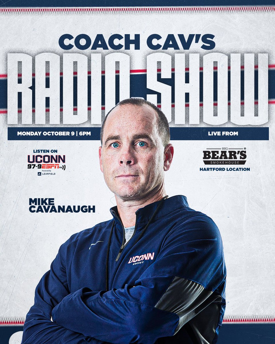 UConnMHOC's tweet image. Coach Cav’s radio show is back‼️ 

@bobjoyce27 and @adamgiardino are live from @BearsSmokehouse in Hartford and @979ESPN from 6-7pm as we discuss the opening weekend and upcoming season for the #IceBus 

Reply below with any questions you have for Coach⬇️