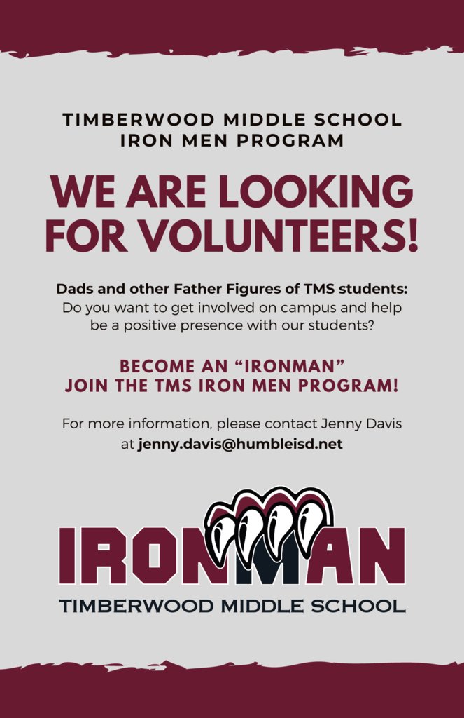 Timberwood Middle (@humbleisd_tms) on Twitter photo TMS is looking for volunteers! Join TMS Ironman and become a positive presence on campus for our students. For information email Jenny.Davis@humbleisd.net. TMS is looking for volunteers! Join TMS Ironman and become a positive presence on campus for our students. For information email Jenny.Davis@humbleisd.net.