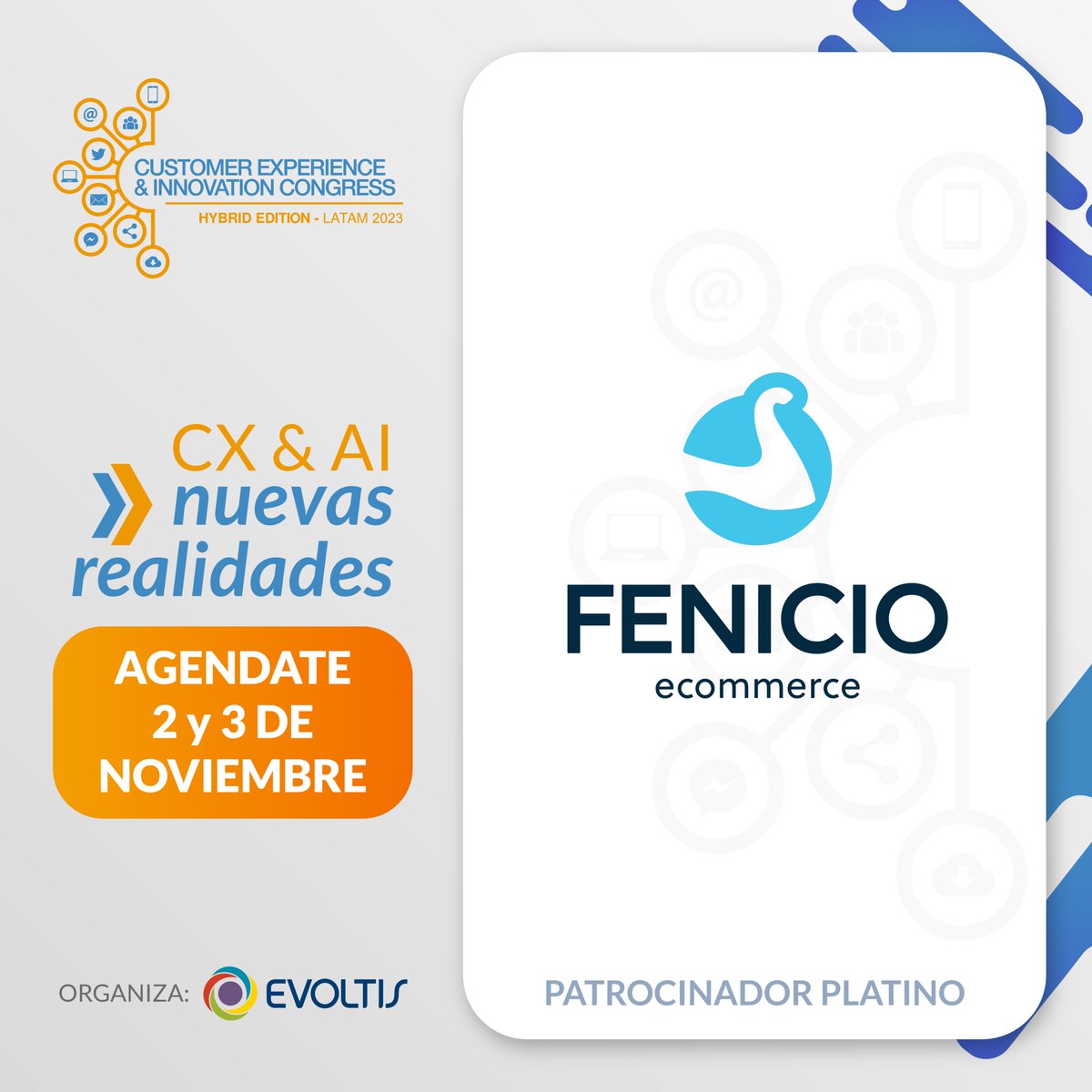 Bienvenido a nuestro patrocinador Platino <a href="/FenicioUy/">Fenicio eCommerce</a> plataforma de venta online de fácil gestión que permite contar con tu sitio de eCommerce integrado a sistemas  de tu comercio Conoce aquí el evento cxcongress.evoltis.com
cxcongress@evoltis.com
5950216160100
595-0985 743822