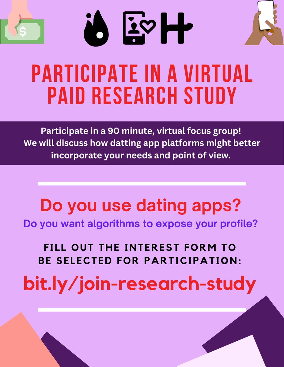 NEXT ROUND OF RECRUITMENT‼️ Do you use dating apps like Tinder, Hinge, or Bumble? We want to know how recommendation algorithms could expose your profile to an audience more fairly. To participate/learn more, visit: bit.ly/join-research-…