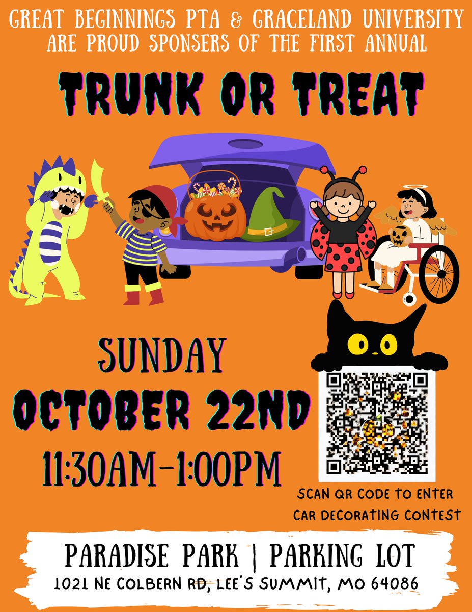 We are excited to share that the Great Beginnings PTA will be hosting a Trunk or Treat for all Great Beginnings and Parents as Teachers families! We hope to see you there!
