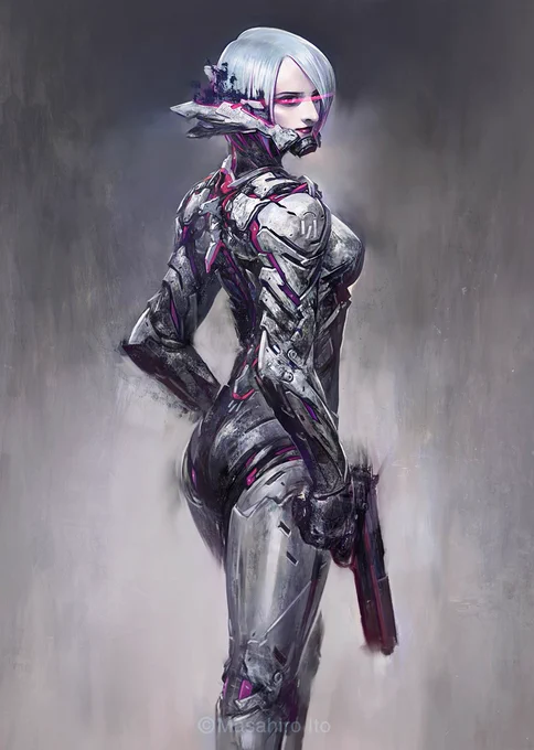 I've been thinking of a short story of her for a booklet that has a graphic novel style until now. If all goes well, I may release it.  [] SESE/Spinal-Erosive Skinning Exoskeleton. She is not a cyborg or android but a human being whose brain has been hacked by the exoskeleton.